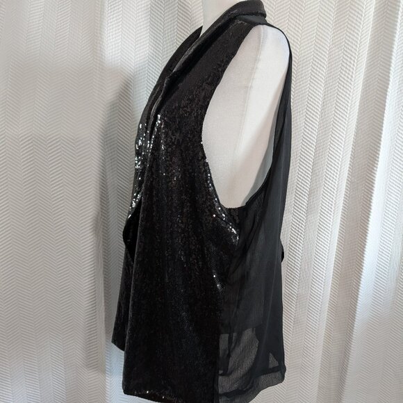 MXM Black Sequin Sheer Waterfall Vest Glam Layering Piece Size 2X Plus Size - Picture 2 of 15